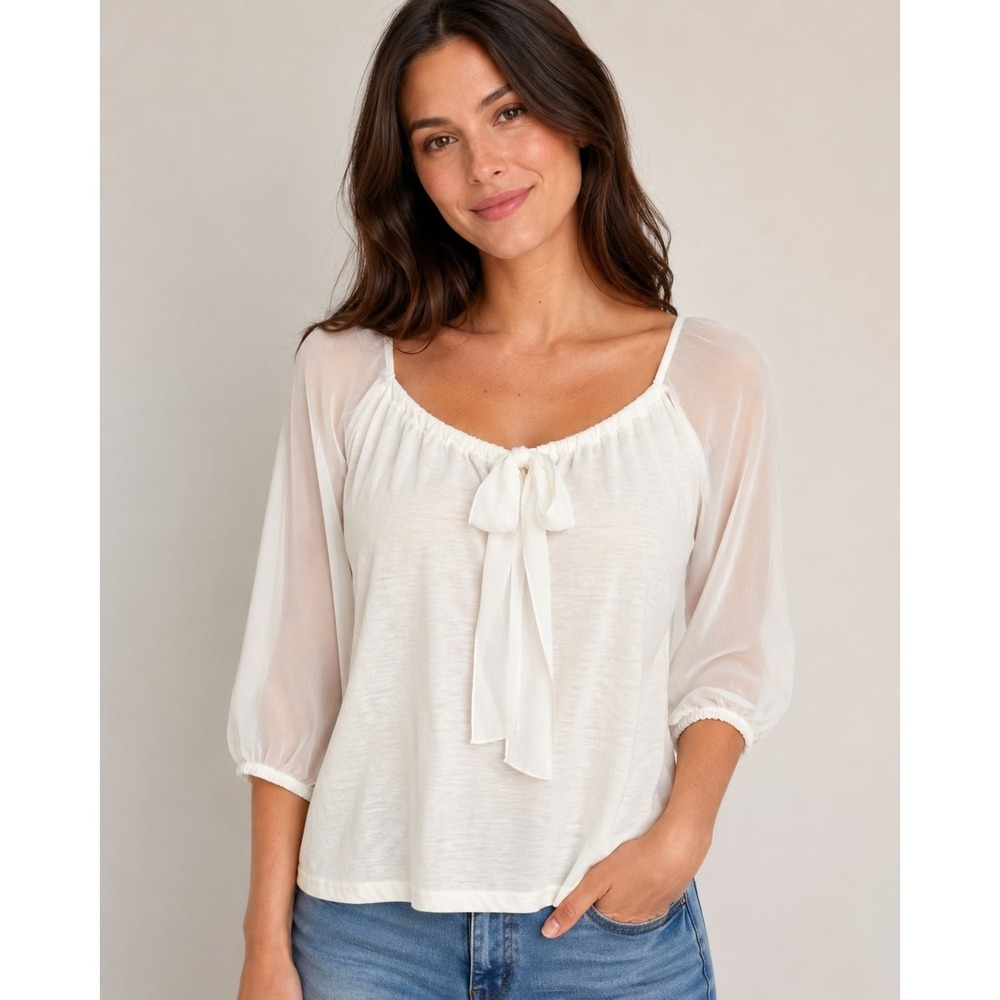 French Laundry White Peasant Top Sheer 3/4 Sleeve Bow Neck Blouse M Soft Girl